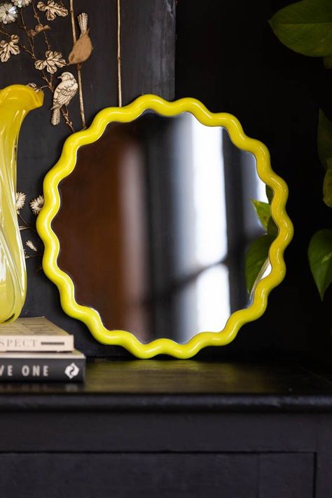 Lifestyle image of the Yellow Wavy Frame Wall Mirror Painting Mirror Frames, Wavy Frame, Yellow Mirror, Yellow Mirrors, Statement Mirror, Wavy Mirror, Quirky Home, Circle Mirror, Rockett St George