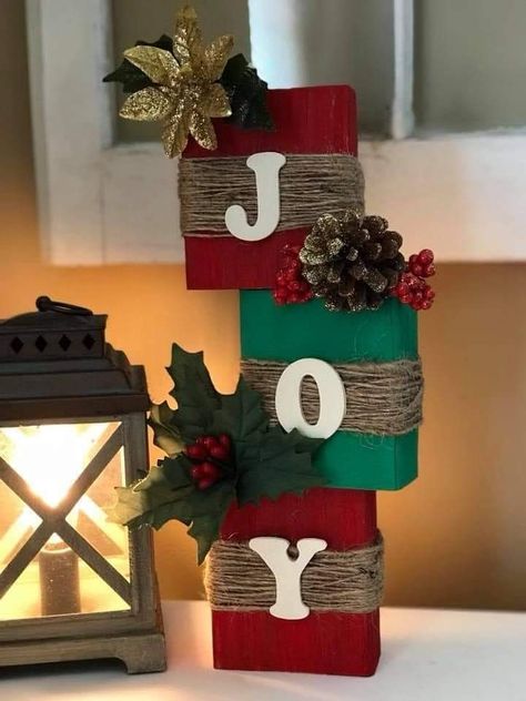 Wooden Joy Sign Diy Christmas Wood Blocks, Christmas Decor Ideas Diy To Sell, Diy Wood Presents Decor, Wood Blocks Christmas Crafts, Christmas 2 X 4 Crafts, Scrap 2x4 Projects Diy Christmas, Jenga Block Crafts Diy Dollar Tree Truck, Simple Diy Home Decor Ideas Creative, Diy Christmas Decorations For Office Desk