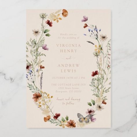 $4.05 | Boho Floral Rose Gold Wedding Foil Invitation - foil pressed invitations, real roe gold foil, watercolor floral, boho chic, bohemian wedding, whimsical wildflowers, earthy tones rustic blooms, autumn wedding, tan sage brown purple rust, spring summer fall winter Fall Engagement Party Invitations, Rose Gold Foil Invitations, Boho Engagement, Wildflower Wedding Invitations, Boho Wildflower, Gold Foil Wedding Invitations, Gold Foil Invitation, Wildflower Baby Shower, Watercolor Wildflowers