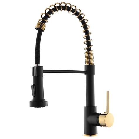 Black and Gold Single Handle Pull-down Kitchen Faucet - Bed Bath & Beyond - 37366693 Black And Gold Faucet, Black And Gold Kitchen, Gold Kitchen Faucet, Commercial Kitchen Faucet, Kitchen Decor Styles, Modern Kitchen Faucet, Matte Black Kitchen, Gold Faucet, Pull Down Kitchen Faucet