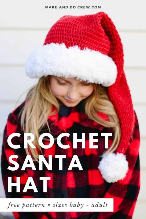 Long Santa Hat Crochet Pattern, Crochet Santa Hat Tree Topper, Long Stocking Cap Crochet Pattern, Free Crochet Santa Hat Pattern, Crochet Baby Christmas Hat Free Pattern, Free Santa Hat Crochet Pattern, Crochet Long Hat, Crochet Santa Hat Free Pattern For Kids, Free Santa Hat Pattern