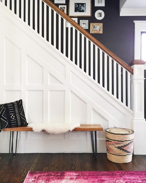 Whitney (Clappe) Utesch on Instagram: “Today I scored this large woven basket at an auction. Thank goodness that old biddy backed down because I was prepared to take out a second mortgage for it. Jk but I do turn into a psycho at auctions.” Stairs Bench, Ideas Under The Stairs, Stair Accent Wall, Entrance Ideas Entryway, Foyer With Stairs, Farmhouse Dining Benches, Stairwell Wall, Rustic Staircase, Entryway Stairs