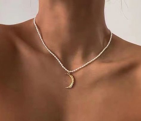 Gold crescent necklace, Natural pearl choker, Pearl necklace with charm, Celestial moon pendant, Dainty pearl bead choker, Gift for women by WithHerNYC on Etsy Choker Pearl Necklace, Choker Pearl, Pearl Lariat Necklace, Pearl Beaded Necklace, Crescent Necklace, Chic Vibes, Bead Choker, Beautiful Gift Wrapping, Summer Necklace