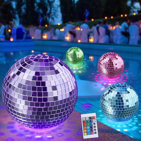 PRICES MAY VARY. All in One Package: the package includes 2 disco floating pool lights, each equipped with a USB charging cables, a remote control, and a user manual; This set has everything you need to illuminate and decorate your space stylishly; This light is not powered by solar Unique Disco Ball Design: the swimming pool lights feature a unique disco ball design with mirror like reflective surfaces; This design adds an eye catching disco style to your space; When the sunlight or stage light Disco Balls Decoration, Disco Ball Event Decor, 80s Theme Pool Party, Glow Pool Party Ideas, Neon Pool Party Ideas, Disco Pool Party, Neon Disco Party, Neon Pool Party, Pool Decorating Ideas