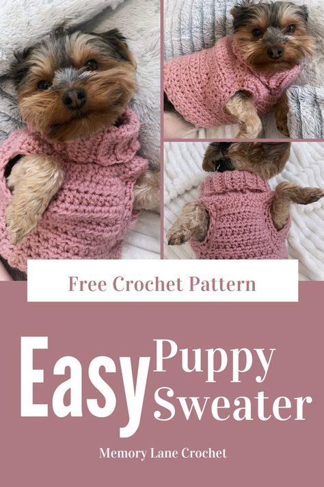 Free and easy crochet pattern for a small dog or puppy sweater. Cosy unisex design for toy breads or larger breed puppies. Knit Small Dog Sweater Pattern Free Easy, Yorkie Sweater Crochet Pattern, Beginner Crochet Dog Sweater, Puppy Sweater Pattern, Diy Puppy Sweater Small Dogs, Crochet Doggie Sweater Small Dogs, Crochet Pattern For Dog Sweater Free, Crochet Dog Jersey Free Pattern, Crochet Dog Sweater Fall