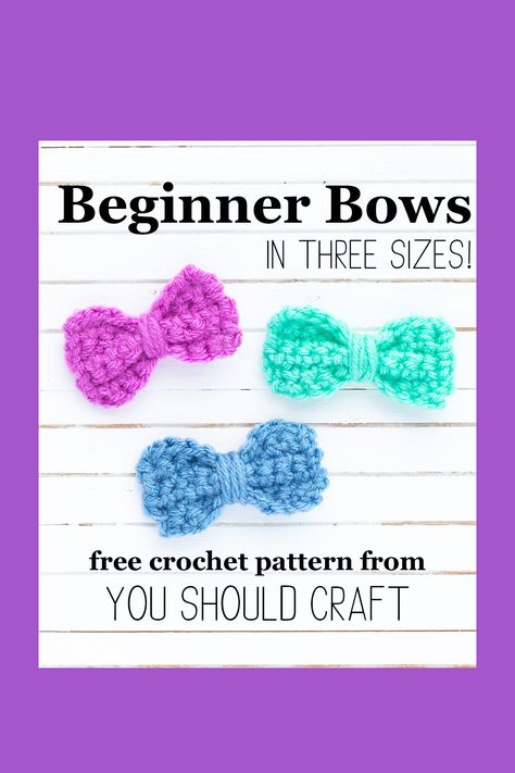 Learn how to crochet beginner bows in three sizes. This simple free crochet pattern uses single crocheted rectangles to create cute bows for bedazzling all your projects. Perfect for crochet newbies!