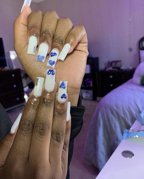 Cdg Heart Nails Blue, Blue And White Nails With Initials, Kaws Nails Short Blue, Kaws Nails Blue, Blue Cdg Nails, Blue Nails With Initials, Blue Kaws Nails, Cdg Nails Acrylic, Cdg Heart Nails