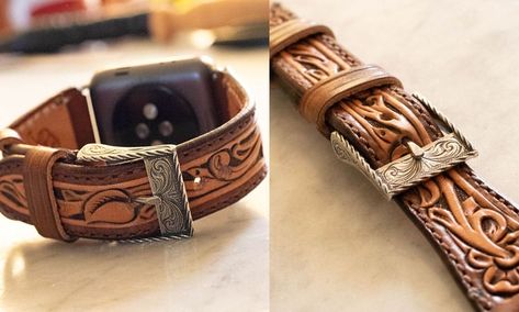 Apple Watch Band by Jason Becker Custom Leather - COWGIRL Magazine Western Apple Watch, Custom Apple Watch Bands, Leather Watch Cuff, Leather Working Patterns, Cowgirl Magazine, Leather Tooling Patterns, Leather Craft Projects, Cuff Watch, Apple Watch Bands Leather