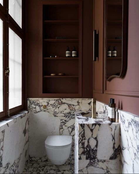 Moody Water Closet Ideas, Plum Bathroom Decor, Burgundy Toilet Room, Maroon Powder Room, Oxblood Bathroom, Dark Red Bathroom, Soho House Bathroom, Brown Marble Bathroom, Red Bathrooms