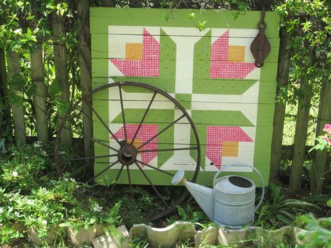 Pallet art - Barn quilt I painted on a pallet and put in our garden.  This is the view from our kitchen window Wooden Pallet Crafts, Quilting Digest, Painted Barn Quilts, Barn Quilt Designs, Wooden Barn, Barn Art, American Quilt, Barn Quilt Patterns, Barn Board