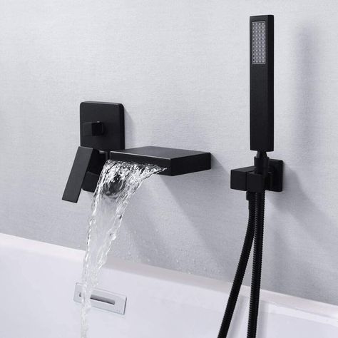 Stand Alone Bath Tub, Downstairs Ideas, Waterfall Bathtub, Waterfall Tub Faucet, Bath Tube, Black Bathtub, Black Tub, Wall Mount Tub Faucet, Bathtub Filler