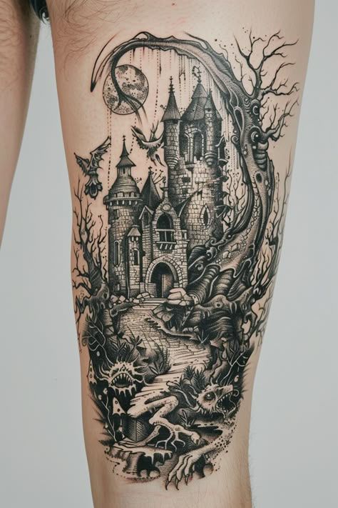 Mythical Sleeve Tattoo, Dark Princess Tattoo, Dark Beauty And The Beast Tattoo, Warrior Fairy Tattoo, Fantasy World Tattoo, Gothic Fantasy Tattoo, Dark Ethereal Tattoo, Fantasy Magic Tattoo, Castle Chest Tattoo