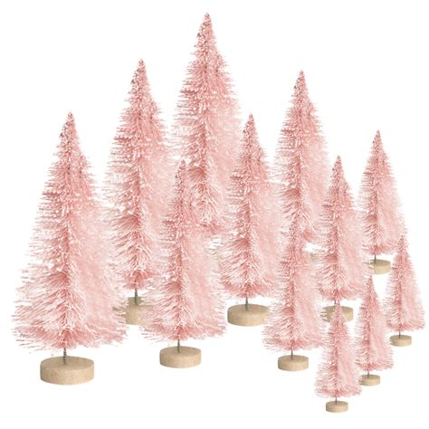 Pink Christmas Table, Mini Christmas Tree Decorations, Artificial Xmas Trees, Mini Christmas Trees, Pink Grass, Winter Ornaments, Bottle Brush Christmas Trees, Rose Gold Christmas, Pink Christmas Decorations