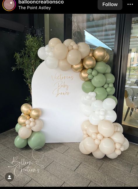 Sage Green Backdrop, Christening Balloons, Sage Green Baby Shower, Dragon Baby Shower, Baby Shower Decorations Neutral, Outside Baby Showers, White Baby Showers, Green Baby Shower, Shower Backdrop