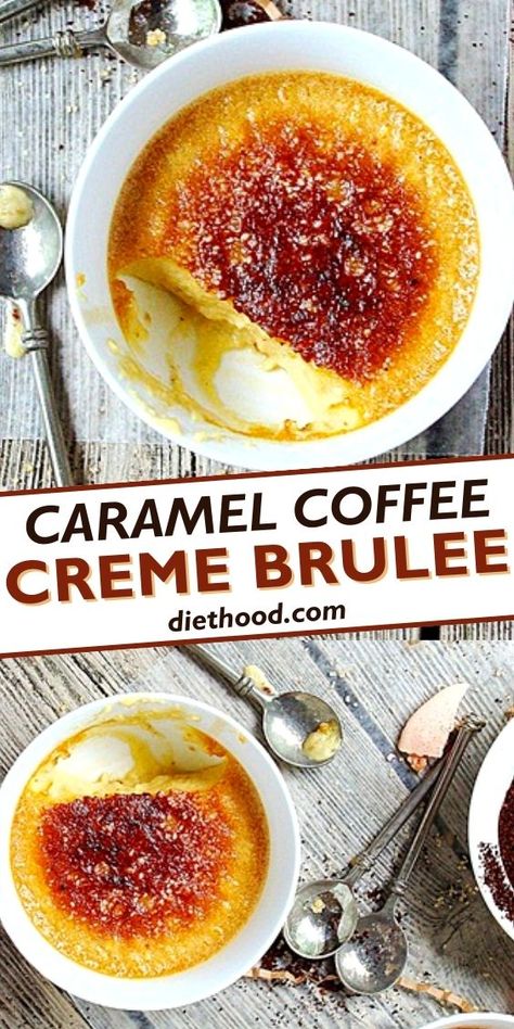 With a rich and creamy caramel and coffee infused custard, this creme brulee makes the ultimate indulgent dessert. Coffee Caramel Creme Brulee, Coffee Creme Caramel, Flavored Creme Brulee Recipe, Coffee Creme Brulee Recipe, Creme Brulee Recipes, Cream Brulee Recipe, Brulee Desserts, Coffee Custard, Coffee Creme Brulee