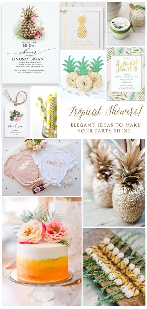 Tiki Bridal Shower Ideas, Bridal Shower Ideas Tropical, Tropical Bridal Shower Food Ideas, Bridal Shower Island Theme, Pineapple Themed Bridal Shower Ideas, Caribbean Bridal Shower Theme, Tropical Shower Ideas, Tropical Theme Bridal Shower Decor, Hawaii Themed Bridal Shower Ideas