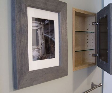 There's space inside most of your interior walls. Why not add a hidden cabinet that has a framed photo that's nice to look at, with hidden storage behind it Recessed Picture Frame Medicine Cabinet, Hide Medicine Cabinet, Mirror On Hinges, Medicine Cabinet No Mirror, Picture Frame Cabinet Door, Medicine Cabinet Ideas, Hidden Medicine Cabinet, Concealed Cabinet, Sink Toilet