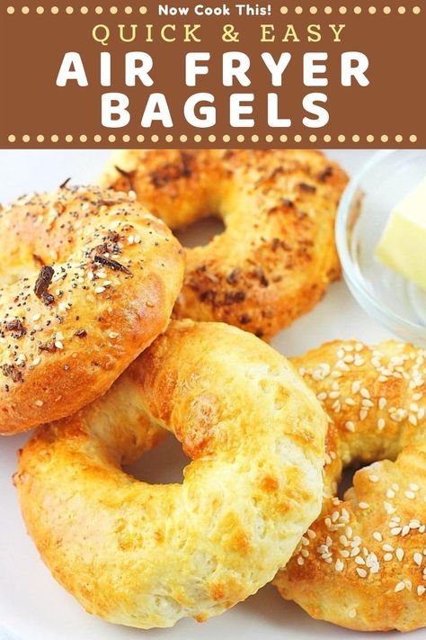 These Quick and Easy Air Fryer Bagels are made with 5 simple ingredients, including Greek yogurt (but no yeast), and are ready to eat in just 30 minutes. Plus, they're lower in calories than most store-bought bagels and less expensive too. You've got to try them to believe how good they are! Get the recipe and give it a go! #airfryerbagels #noyeastbagels #bagels #airfryerrecipes Homemade Bagels Air Fryer, Easy Air Fryer Bagels, Airfryer Bagel Recipe, Greek Yogurt Bagels 2 Ingredients Air Fryer, Airfry Bagel, 2 Ingredient Bagels Air Fryer, Air Fried Bagels, Air Fry Bagels, Air Fryer Greek Yogurt Bagels