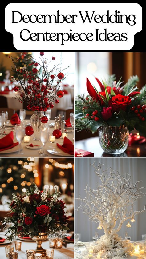 December wedding centerpiece ideas for an elegant and festive reception. Christmas Theme Wedding Centerpieces, Christmas Bridal Shower Centerpieces, Poinsettia Wedding Centerpiece, Snow White Flowers Centerpiece, Wedding Christmas Centerpieces, Simple Winter Wedding Table Decor, December Wedding Ideas Decoration, Christmas Themed Wedding Centerpieces, Christmas Wedding Centerpieces Elegant