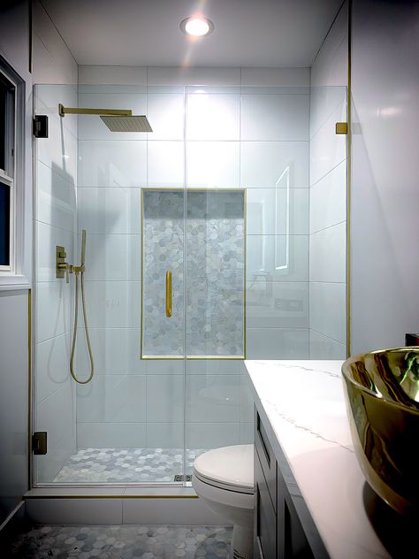 Glass Shower Doors Frameless, Glass Shower Door, Brushed Gold Hardware, Bathroom Accents, Frameless Shower Doors, Glass Partition, Frameless Shower, Accent Tile, Glass Shower Doors