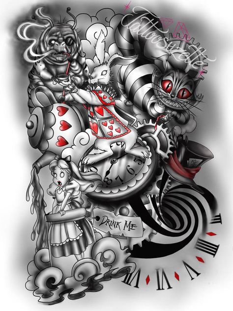 Alice In Wonderland Tattoo Sleeve Tim Burton, Half Sleeve Tattoos For Women Alice In Wonderland, Halloween Themed Leg Sleeve Tattoo, Dark Alice Tattoo, Alice In Wonderland Tattoo Sleeve Ideas, Alice In Wonderland Tattoo Designs, Dark Alice In Wonderland Tattoo, Dark Alice In Wonderland Tattoo Ideas, Underdog Tattoo