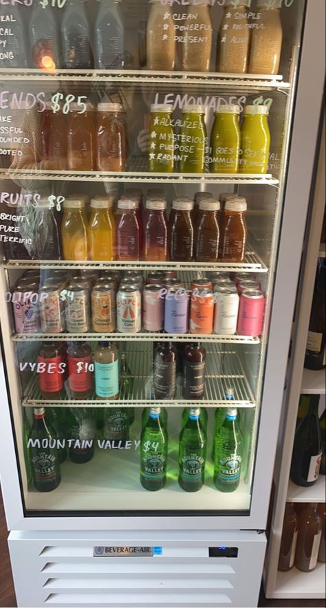 Fridge Aesthetic Drinks, Office Fridge Ideas, Juice Shop Aesthetic, Drink Fridge Aesthetic, Smoothie Shop Interior, Coffee Shop Fridge, Juice Bar Aesthetic, Smoothie Shop Aesthetic, Inside Coffee Shop