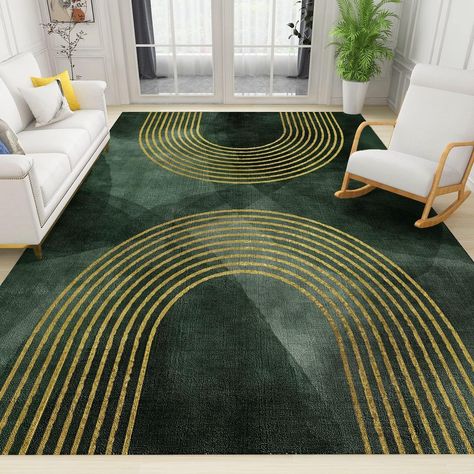 PRICES MAY VARY. 【Size】: 71"x108"/(180*270cm), this premium rug has been artistically crafted to beautify every living room, dining room and bedroom, adding a touch of beauty and elegance that complements other accessories in your home. 【Excellent Material】 - Print Carpet was premium flannel fabric, sponge interlayer, non-slip plastic spots bottom, expertly woven by machine, Which made it super soft and comfortable. The rug clear picture quality resists color fading, it will withstand the day-to Modern Rugs Bedroom, Hunter Green Living Room Ideas, Home Decor Ideas Green, Green And Gold Office, Cream And Gold Living Room, Area Rug Mid Century, Garage Rug, Rugs For Room, Earthy Modern Living Room