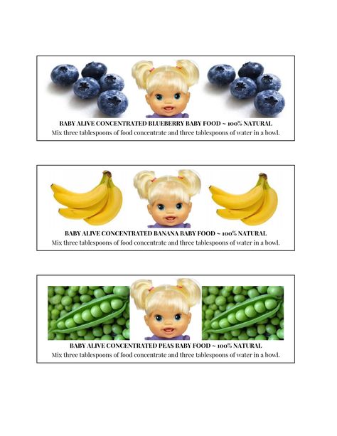 DIY LABELS FOR HOMEMADE BABY ALIVE FOOD - Glue or tape to baby food jars. Diy Doll Food, Food Packets, Baby Alive Food, Printable Food, Girls Playroom, Food Jars, Diy Labels, Baby Food Jars, Baby Alive Dolls