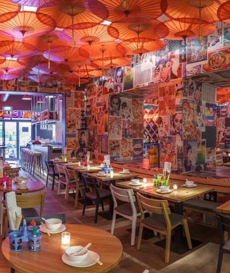 Happyhappyjoyjoy Restaurant – Inspired by the Hectic Streets of Asia Interior Decor Inspiration, Japanese Restaurant Interior, Street Food Design, Japanese Bar, Ramen Bar, Ramen Restaurant, Noodle Bar, Pub Design, Art Exhibits