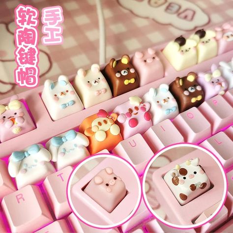 Polymer Clay Keycaps, Aesthetic Keycaps, Clay Keycaps, Fancy Keyboard, Keyboard Custom, Custom Keycaps, Cute Animal Design, Clay Material, Keyboard Keys