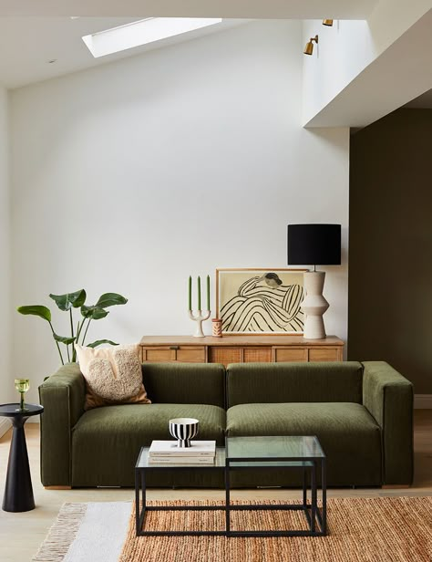 Cool Modern Furniture, Green Sofa Lounge, Green Corner Sofa Living Room, Coloured Sofa Living Room, Grey Sofa Aesthetic, Green Sofa Uk, Forest Green Sofa Living Room Ideas, Modern Scandinavian Interior Living Rooms, Boxy Sofa