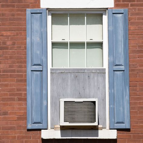 Window-unit air conditioner Hiding Window Ac Unit, Hide Window Air Conditioner Outside, How To Hide Window Ac Unit Outside, Window Ac Unit Cover Outdoor Diy, Hide Portable Ac Unit Indoor, Window Unit Cover Ideas Outside, Hide Window Air Conditioner, Window Air Conditioner Ideas, Window Ac Cover