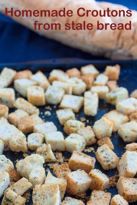 Croutons From Stale Bread, Making Croutons From Stale Bread, Diy Croutons From Bread, Sourdough Croutons, Divinity Candy, Condiments Recipes, Baked Recipes, Salad Soup, Dry Bread