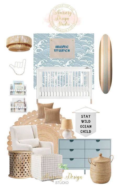 Portfolio Archive - Nursery Design Studio Gender Neutral Coastal Nursery, Modern Ocean Nursery, Baby Boy Ocean Theme Nursery, Coastal Nursery Ideas, Ocean Nursery Theme, Beachy Nursery, Florida Nursery, Beach Theme Nursery, Striped Accent Wall