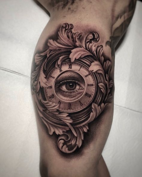 Eye, clock, filigree. By @kiljun #seoulinktattoo #tattoo #tattoos #tatuaje #tatuaggio #tatouage #instatattoo #tattoolife #tattooart… Eye Clock Tattoo, Seeing Eye Tattoo, Infinity Tattoo On Wrist, Grey Ink Tattoos, All Seeing Eye Tattoo, Clock Tattoo Design, Watch Tattoos, Clock Tattoo, Tattoo Design Book