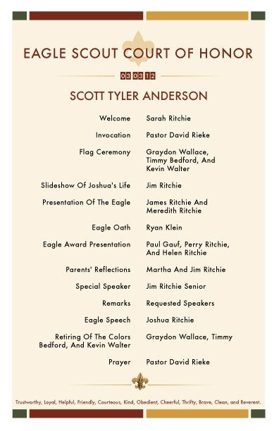 eagle scout court of honor | Eagle Scout Court of Honor Invitations and ... | Eagle Court of Honor Eagle Project Ideas, Boy Scout Activities, Court Of Honor Ideas, Eagle Ceremony, Boy Scouts Eagle, Scout Law, Scouts Camping, Eagle Scout Ceremony, Eagle Court Of Honor