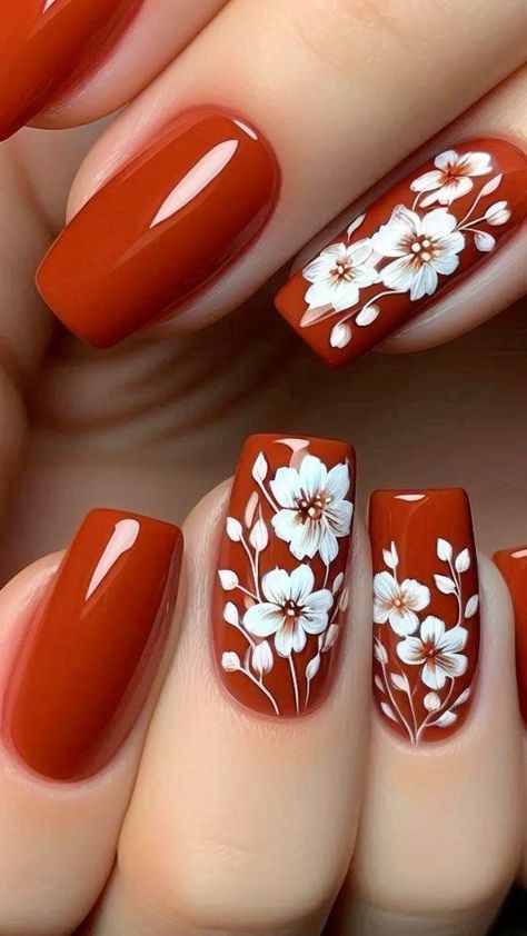 Fall Floral Nails Art Designs, Red Floral Nail Designs, Fall Floral Nail Designs, Fall Flower Nail Designs, Red Nails Trendy, Nail Art Flowers Designs, Daisy Acrylic Nails, Cruise Nails, Chic Nail Art