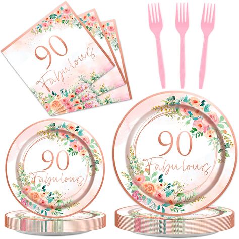 PRICES MAY VARY. 【90th Birthday Decorations for Women】Get ready for your 90th birthday party with this complete set of floral 90 fabulous party supplies! Each set includes 24 pieces floral 9'' plates, 24 pieces 90th birthday plates of 7'' plates, 24 90th party napkins of 6.5’’, and 24 plastic pink forks - everything you need to serve up to 24 guests in style. 【Premium Material】Our 90th birthday plates and napkins are made of high-quality paper that is non-toxic, odorless, heat-resistant, and dur 80 Birthday Plate Setting, Table Centerpieces For 90 Birthday, 90 Year Old Birthday Party Table Center Puece, 90th Birthday Party Ideas For Women Mom, 90th Birthday Party Ideas For Grandma Decorations, 90th Birthday Party Ideas For Grandma, 90th Birthday Party Ideas, 90th Birthday Centerpiece, 90th Birthday Party Decorations