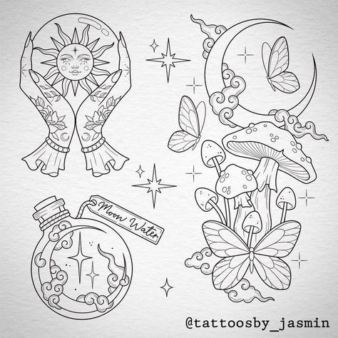 Sun Potion, Witch Coloring Pages, Mushroom Tattoos, Witch Tattoo, Flash Tattoo Designs, Spooky Tattoos, Tattoo Design Book, Tattoo Portfolio, Tattoo Art Drawings