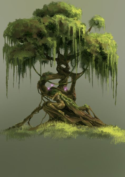 Tree Fantasy Drawing, Floating Tree Art, Tree Refrence Art, Giant Tree Concept Art, Willow Tree Concept Art, Mythical Tree Drawing, Magical Tree Concept Art, Magic Tree Concept Art, Twisted Tree Art