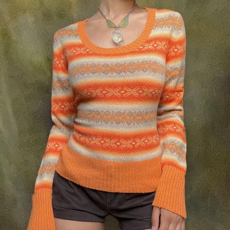 Cozy Striped Chunky Sweater 🍄  ⚔️ snowflakes,... - Depop Orange Sweater Aesthetic, Funky Fall Fashion, Funky Sweaters, 80's Clothes, Thrift Ideas, Sweater Aesthetic, Orange Sweater, Mermaid Dreams, Outfit Cute