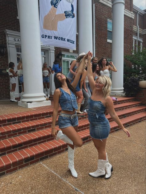 Denim Sorority Theme, Denim Bid Day, Work Week Themes Sorority, Spirit Week Themes, Sorority Work Week, Sorority Themes, Sorority Banner, Bid Day Themes, Pi Phi