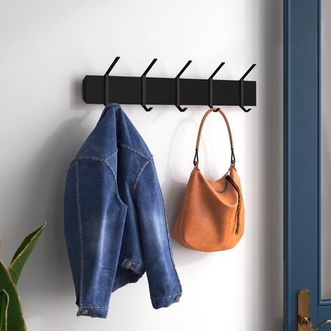 Mercury Row® Garfinkel 30'' Wide Solid Wood 5 - Hook Wall Mounted Coat Rack & Reviews | Wayfair Leather Dining Bench, Coat Rack With Storage, Beautiful Entryways, Keyhole Hanger, Entryway Organization, Hook Wall, Business Decor, Coat Rack Wall, Bench With Shoe Storage