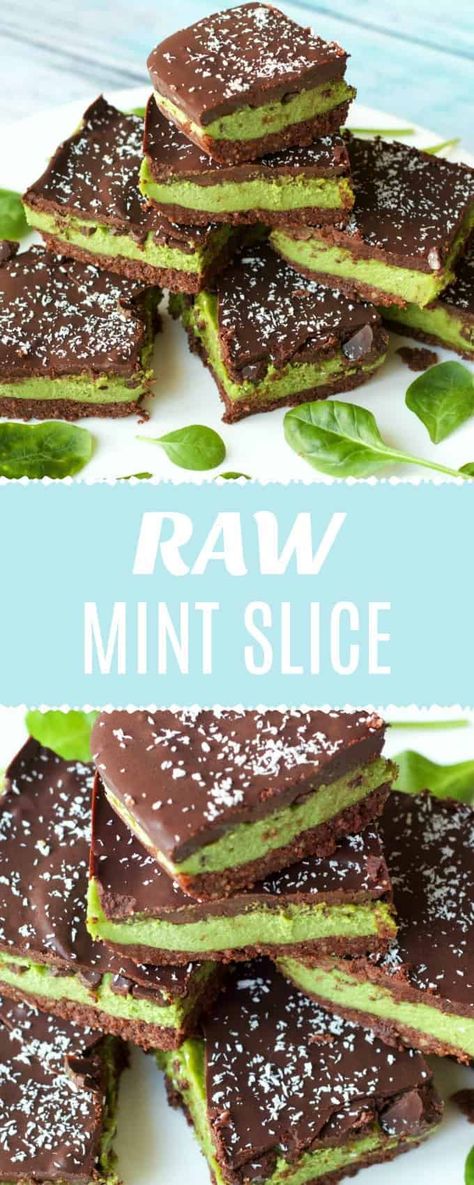 This delicious raw mint slice recipe contains 3 gorgeous layers. A raw brownie crust followed by a creamy mint filling and topped with rich chocolate. #vegan #rawvegan | lovingitvegan.com Mint Squares, Alkaline Snacks, Raw Vegan Snacks, Brownie Crust, Deserturi Raw Vegan, Vegan Dessert Bars, Mint Slice, Clean Treats, Raw Brownies