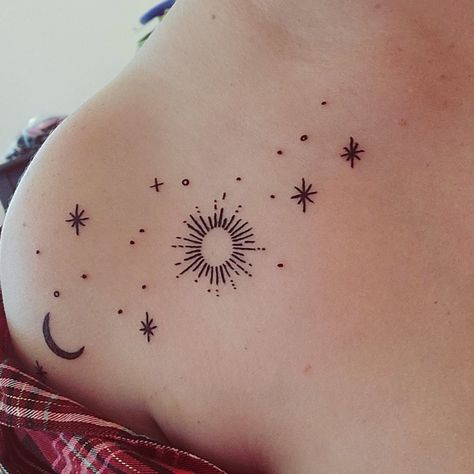 small celestial tatto with sun and moon Dainty Celestial Tattoo, Mini Celestial Tattoos, Cup Of Stars Tattoo, Celestial Hip Tattoo, Sun Moon And Stars Tattoo Collar Bone, Celestial Wrist Tattoo, Sun Moon Star Collar Bone Tattoo, Minimal Celestial Tattoo, Delicate Celestial Tattoo