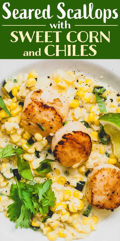 Scallops With Grits, Scallop Meals Dinners, Patagonian Scallops Recipe, Scallops Dinner Ideas, Spicy Scallops, Corn And Poblano, Seafood Scallops, Pan Seared Scallops, Seared Scallops