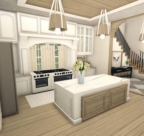 Not mine Roblox House Interior, Blue Bloxburg Kitchen, Bloxburg House Inside Ideas, White Bloxburg House, Cute Bloxburg Kitchens, Apartment Loft Ideas, Roblox Houses, Bloxburg Layout, Bloxburg Beach House