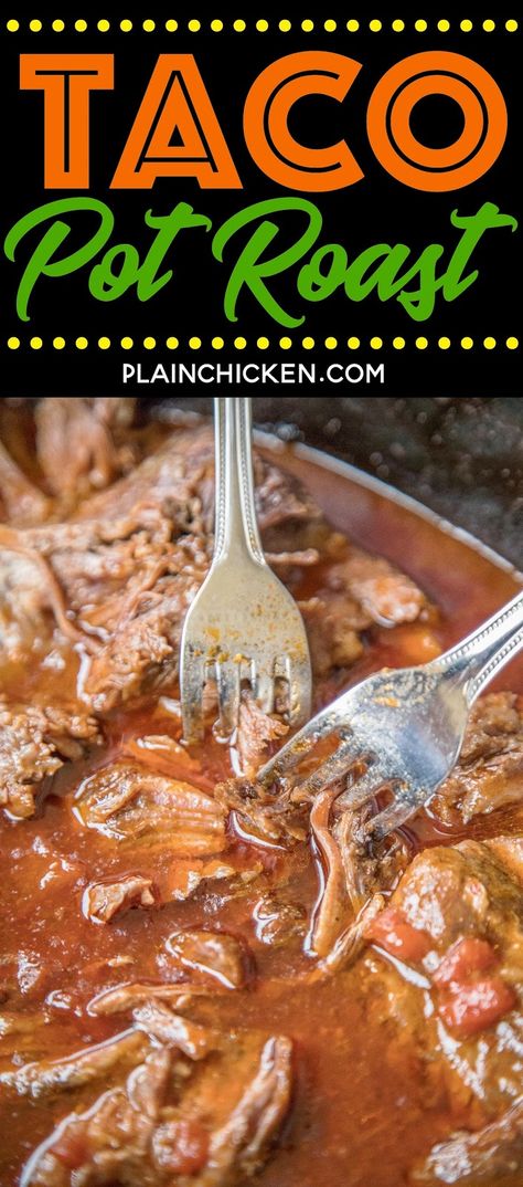 Slow Cooker Taco Pot Roast - shredded beef tacos. Only 5 ingredients - pot roast, au jus mix, taco seasoning, tomato juice and diced tomatoes and green chiles. Can serve shredded pot roast over rice with beans for a burrito bowl or in tortilla for shredded beef tacos. This is CRAZY good!!! Makes a great freezer meal too! #slowcooker #mexican #tacos Roast Over Rice, Shredded Pot Roast, Rice With Beans, Slow Cooker Taco, Shredded Beef Tacos, Crock Pot Tacos, Beef Tacos, Crockpot Roast, Slow Cooker Roast