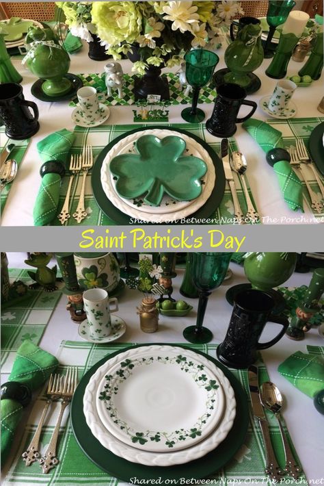 Prepare your table for the corned beef and cabbage. Find plenty of inspiration for your St Patrick's Day feast. From the green goblet to the shamrock plates there are some great ideas. St Patrick’s Table Setting, St Patrick Day Table Decor, St Patricks Day Table Settings, St Patrick’s Day Tablescape, St Patricks Day Tablescape, Holiday Party Food Table, Food Table Decor, Holiday Party Food, Party Food Table