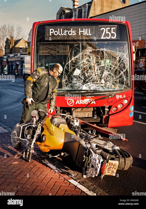 Download this stock image: Road accident between a London bus and BMW motorcycle - KR6GGR from Alamy's library of millions of high resolution stock photos, illustrations and vectors. Road Accident Image, Bus Accident, Road Accident, Bmw Motorcycle, London Bus, Reference Photos, Art Reference Photos, Art Reference, Photo Image